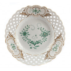 Teller, durchbr., Ind.Malerei 1,o.Kte,grün,Goldpunkte,Schilderorn.goldstaff.,Goldrand, ø 21 cm