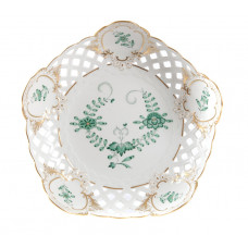 Schale, durchbr., Ind.Malerei 1,o.Kte,grün,Goldpunkte,Schilderorn.goldstaff.,Goldrand, ø 23 cm