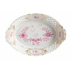 Korb, durchbr.  mit 2 Henkel, Ind.Malerei 1,o.Kante,purpur,Goldpunkte,Schilderorn.goldstaff.Goldrand, L 25 cm