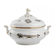 Terrine, oval mit Schnörkel, Reicher Drache, schwarz, goldschattiert, Goldrand, V 3,50 l