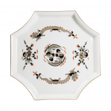 Platte,achteckig, Reicher Drache, schwarz, goldschattiert, Goldrand, L 21 cm