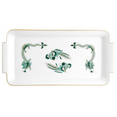 Platte,rechteck., Reicher Drache, gr&uuml;n, goldschattiert, Goldrand, L 29 cm