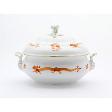 Terrine, oval mit Schnörkel, Reicher Drache, rot, goldschattiert, Goldrand, 4,50 l