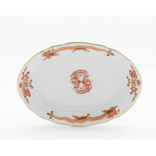 Platte, oval, Reicher Drache, rot, goldschattiert, Goldrand, L 23 cm