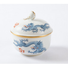 Zuckerdose, Ming-Drache, reich, hellblau, ohne Kante, Goldrand, Ø 9 cm