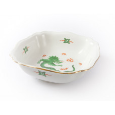 Sch&uuml;ssel, eckig, Ming-Drache, reich, gr&uuml;n, ohne Kante, Goldrand, L 21 cm