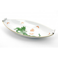 Beilageschale oval, Ming-Drache, reich, grün, ohne Kante, Goldrand, L 33 cm