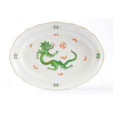 Platte, oval, Ming-Drache, reich, gr&uuml;n, ohne Kante, Goldrand, L 35 cm