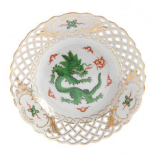 Teller, durchbr., Ming-Drache, reich, grün, ohne Kante, Goldrand und Goldstaffage, ø 15 cm