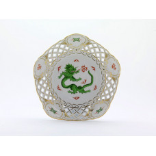 Schale, durchbr., Ming-Drache, reich, grün, ohne Kante, Goldrand und Goldstaffage, ø 23 cm