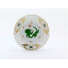 Teller, durchbr., Ming-Drache, reich, grün, ohne Kante, Schilderornamente gold, Goldrand, ø 15 cm