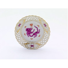 Teller, durchbr., Ming-Drache, reich, purpur, ohne Kante, Goldrand und Goldstaffage, ø 15 cm