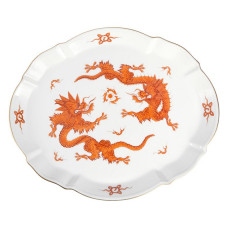 Platte, oval, Ming-Drache, reich, rot, ohne Kante, Goldrand, L 27 cm