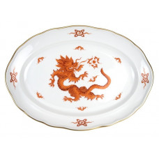 Platte, oval, Ming-Drache, reich, rot, ohne Kante, Goldrand, L 25 cm