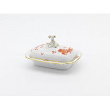 Gemüsenapf, eck., Ming-Drache, reich, rot, ohne Kante, Goldrand, 20 cm