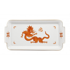 Platte,rechteck., Ming-Drache, reich, rot, ohne Kante, Goldrand, L 29 cm