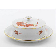 Käsedose, Ming-Drache, reich, rot, ohne Kante, Goldrand, 10,5 cm