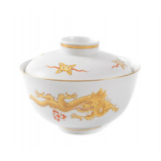 Sch&uuml;ssel m.Deck., Ming-Drache, reich, gelb, ohne Kante, Goldrand, H 9,4 cm