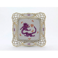 Schale, durchbr. viereckig, Ming-Drache, reich, lila, ohne Kante, Goldrand und Goldstaffage, L 20,5 cm