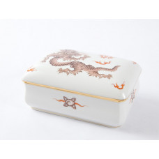 Dose, Ming-Drache, reich, braun, ohne Kante, Goldrand, 12,5x8,5 cm