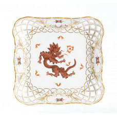 Schale, durchbr., Ming-Drache, reich, braun, ohne Kante, Goldrand und Goldstaffage, L 18,5 cm