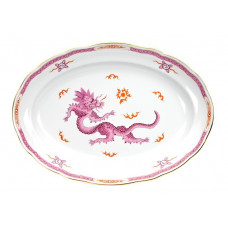 Platte, oval, Ming-Drache, reich, purpur, mit Kante, Goldrand, L 42 cm