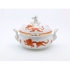 Terrine, rund mit Schnörkel, Ming-Drache, reich, rot, mit Kante, Goldrand, V 2,25 l