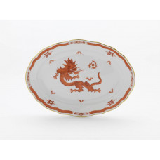 Platte, oval, Ming-Drache, reich, rot, mit Kante, Goldrand, L 28,5 cm