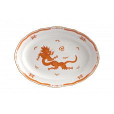 Platte, oval, Ming-Drache, reich, rot, mit Kante, Goldrand, L 42 cm