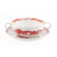 Suppentasse m.U., Ming-Drache, reich, rot, mit Kante, Goldrand, V 0,35 l
