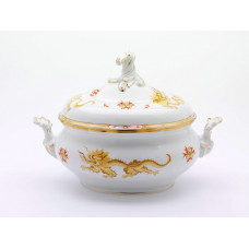 Terrine, oval mit Schnörkel, Ming-Drache, reich, gelb, mit Kante, Goldrand, V 3,50 l