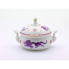 Terrine, rund mit Schnörkel, Ming-Drache, reich, lila, mit Kante, Goldrand, V 2,25 l