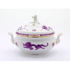 Terrine, oval mit Schnörkel, Ming-Drache, reich, lila, mit Kante, Goldrand, V 3,50 l