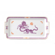 Platte,rechteck., Ming-Drache, reich, lila, mit Kante, Goldrand, L 29 cm