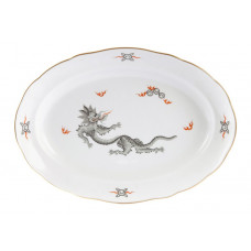 Platte, oval, Ming-Drache, leicht, schwarz, ohne Kante, Goldrand, L 42 cm
