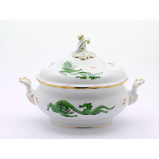 Terrine, oval mit Schnörkel, Ming-Drache, leicht, grün, ohne Kante, Goldrand, V 3,50 l