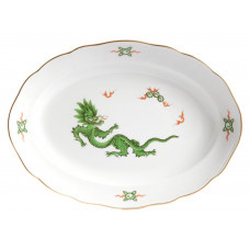 Platte, oval, Ming-Drache, leicht, gr&uuml;n, ohne Kante, Goldrand, L 35 cm