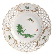 Teller, durchbr., Mingdrache, ohne Kante, leicht, grün, Goldrand und Goldstaffage, ø 21 cm