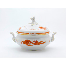 Terrine, oval mit Schnörkel, Ming-Drache, leicht, rot, mit Kante, Goldrand, V 3,50 l