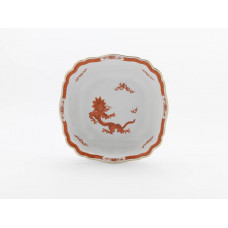 Sch&uuml;ssel, eckig, Ming-Drache, leicht, rot, mit Kante, Goldrand, L 21 cm