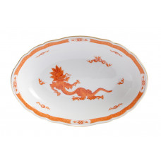 Beilageschale oval, Ming-Drache, leicht, rot, mit Kante, Goldrand, L 25 cm