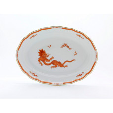 Platte, oval, Ming-Drache, leicht, rot, mit Kante, Goldrand, L 35 cm
