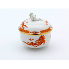 Zuckerdose, Ming-Drache, leicht, rot, mit Kante, Goldrand, Ø 9 cm