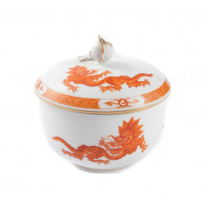 Zuckerdose, Ming-Drache, leicht, rot, mit Kante, Goldrand, ø 10 cm