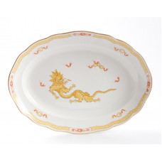 Platte, oval, Ming-Drache, leicht, gelb, mit Kante, Goldrand, L 35 cm