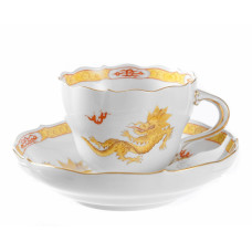 Kaffeetasse m.U., Ming-Drache, leicht, gelb, mit Kante, Goldrand, V 0,20 l