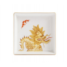 Sch&auml;lchen, eckig, Mingdrache, ohne Kante, gelb, Motiv 1 - 4 lt. Sondertext, Goldrand, 8x8 cm