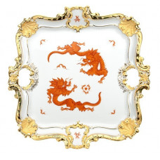 Platte, eckig, Mingdrachen, ohne Kante, 2 Tiere, rot, Goldbronze, L 40,5 cm