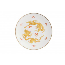 Wandschale, Mingdrache, ohne Kante, zwei Tiere, gelb, Goldfaden bzw. Goldreifen,