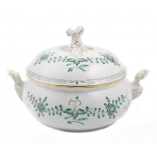 Terrine, rund mit Schnörkel, Indische Malerei 2 mit Kante, grün, Goldpunkte, Goldrand, V 1,75 l